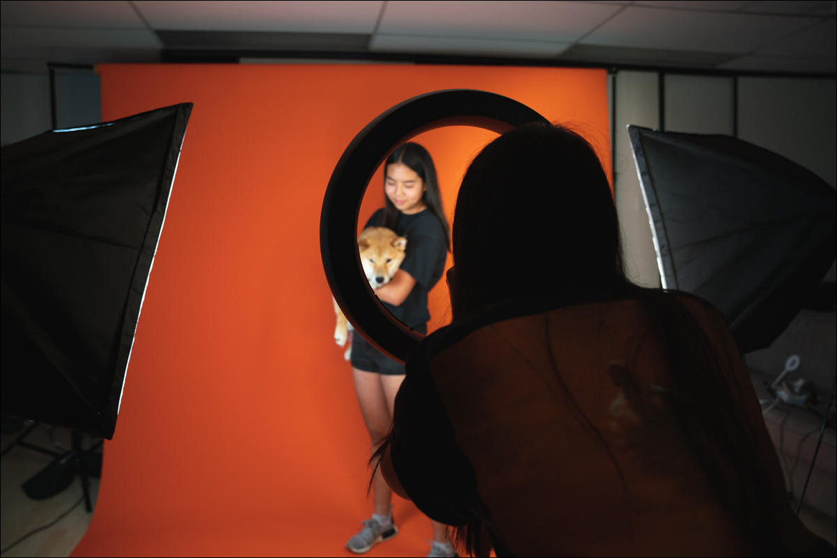 fill lighting setup for owner and dog portrait