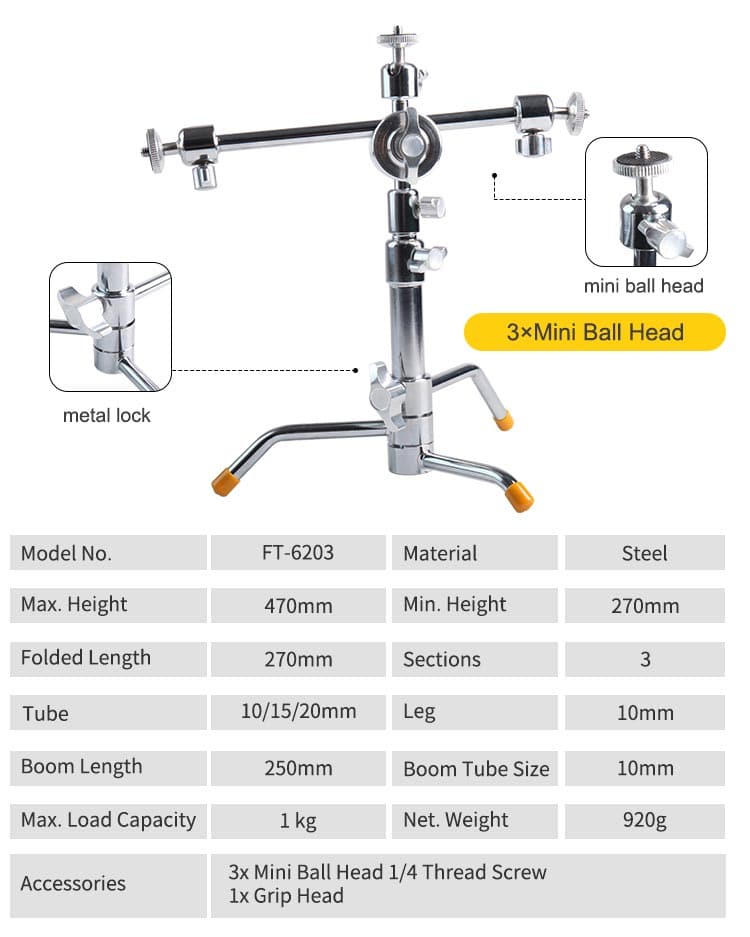 Mini Table Pocket C-Stand with Three Ball Heads
