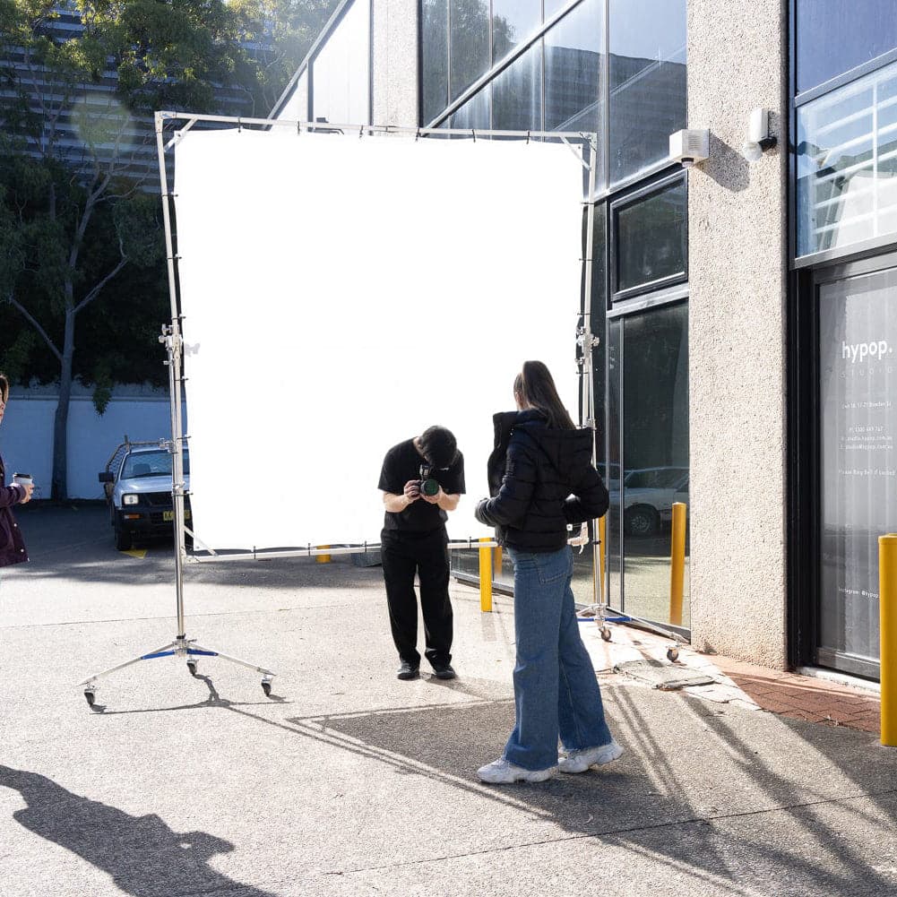 Large Overhead Fold Away 'Sun Scrim' Diffuser With Butterfly Frame & Wheel Stands (240cm x 240cm) (DEMO STOCK)