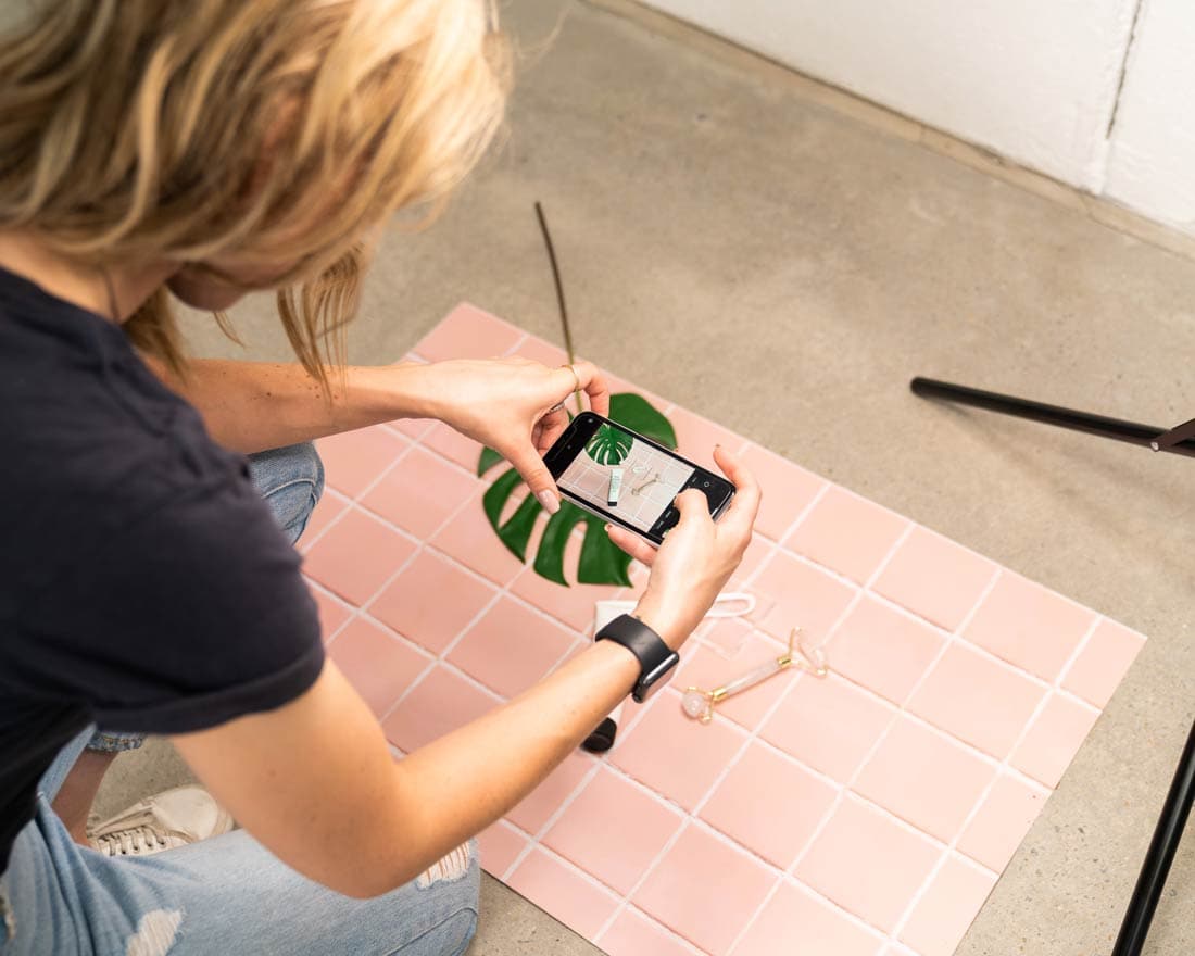 Flat Lay Instagram Backdrop - 'Clovelly' Pink Square Tiles (56cm x 87cm)