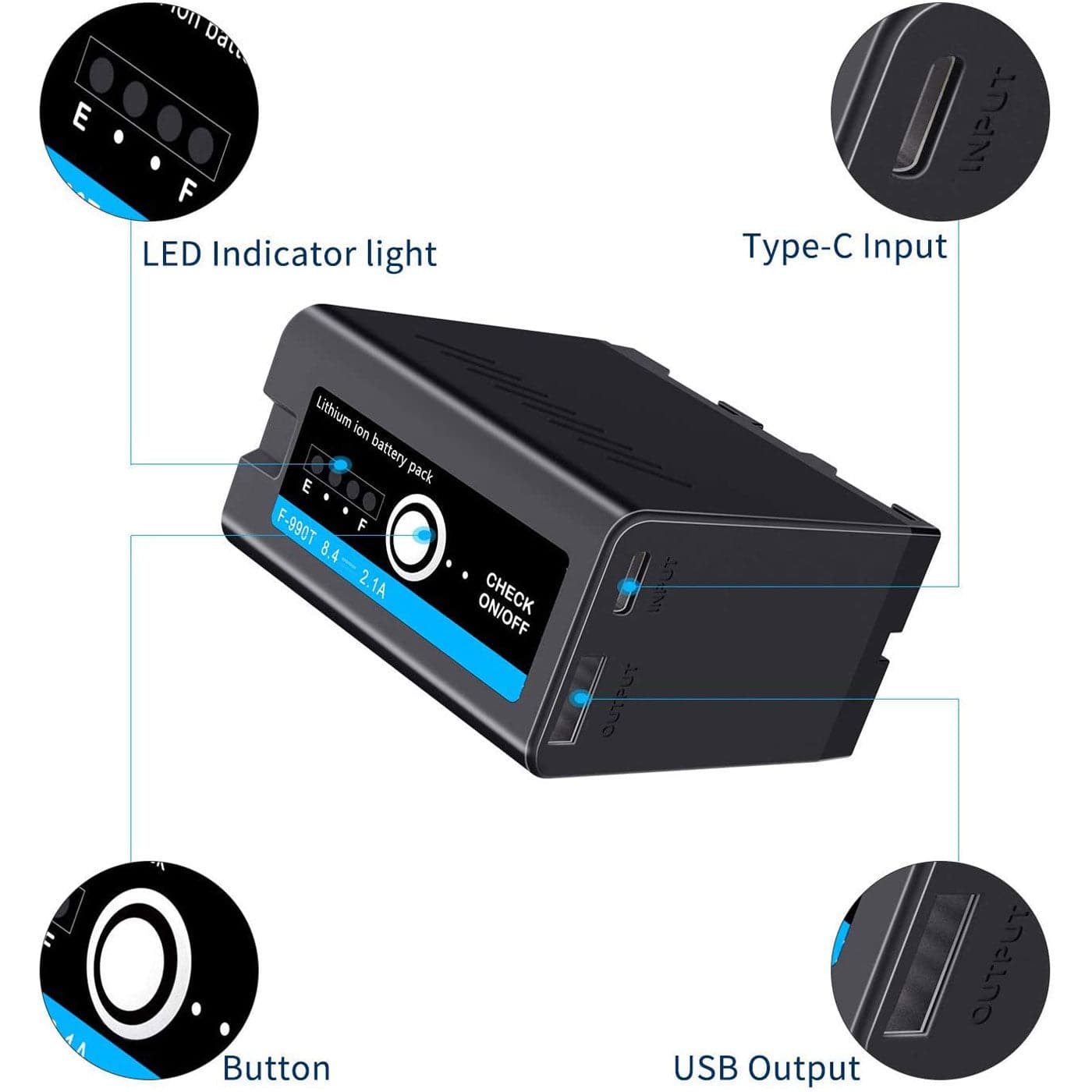 Multifunctional NP-F990T Battery Pack Power Bank Replacement for Sony NP-F970